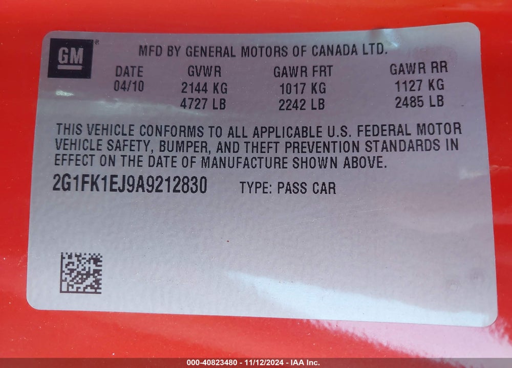 2010 CHEVROLET CAMARO VIN: 2G1FK1EJ9A9212830