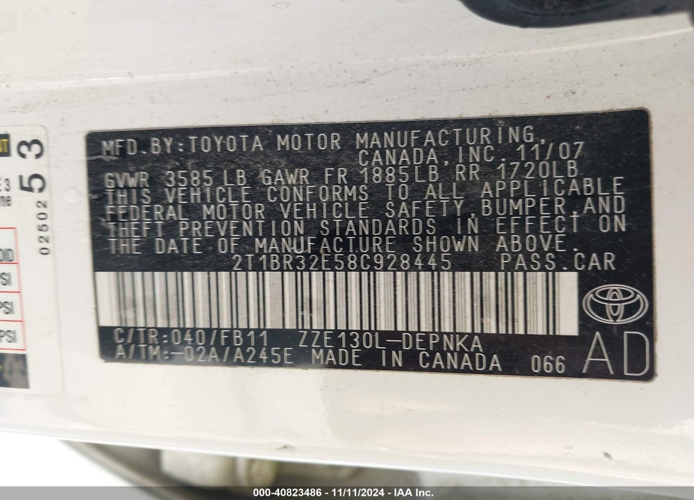 2008 TOYOTA COROLLA LE VIN: 2T1BR32E58C928445