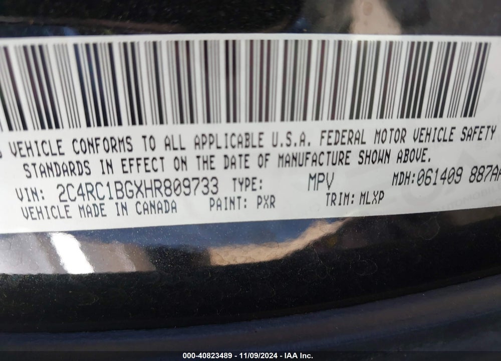 2017 CHRYSLER PACIFICA TOURING L VIN: 2C4RC1BGXHR809733