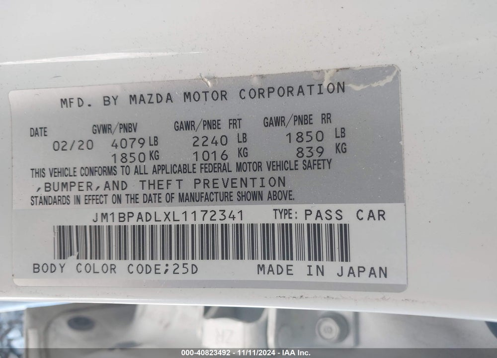 2020 MAZDA 3 PREFERRED PACKAGE VIN: JM1BPADLXL1172341