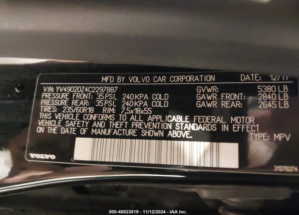 2012 VOLVO XC60 T6/T6 PLATINUM/T6 PREMIER PLUS/T6 R-DESIGN/T6 R-DESIGN PLATINUM/T6 R-DESIGN PREMIER PLUS VIN: YV4902DZ4C2297887