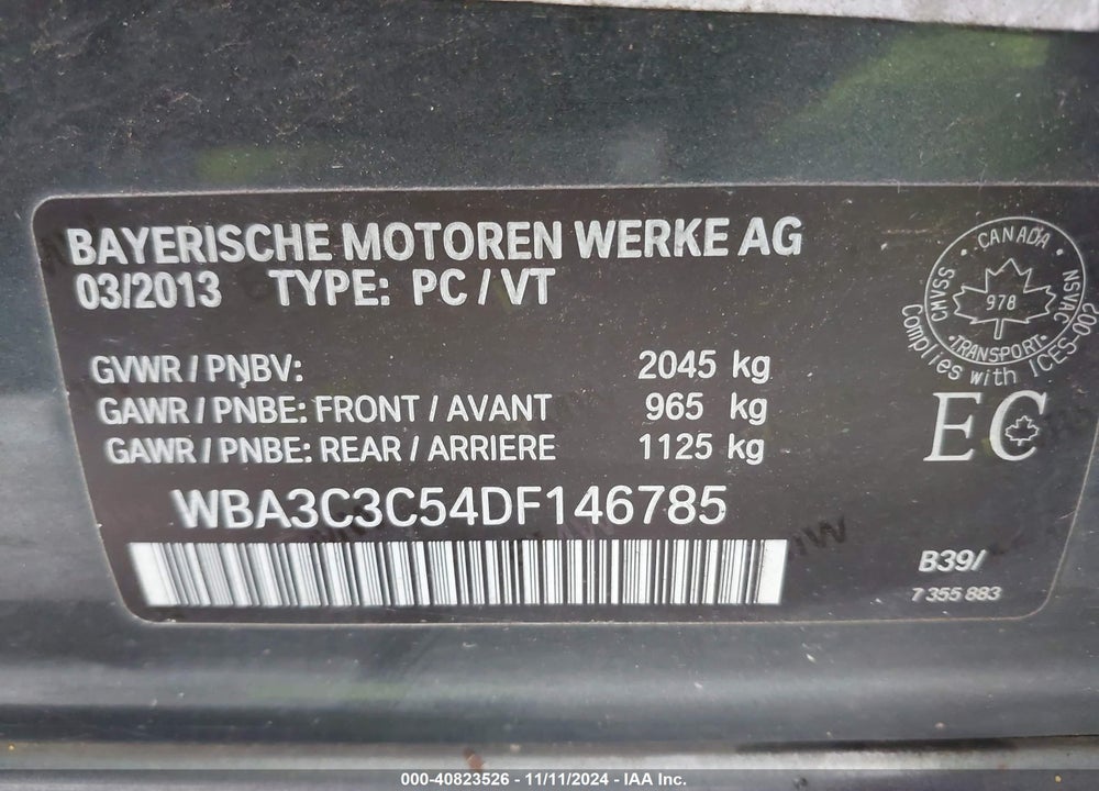 2013 BMW 320I XDRIVE VIN: WBA3C3C54DF146785