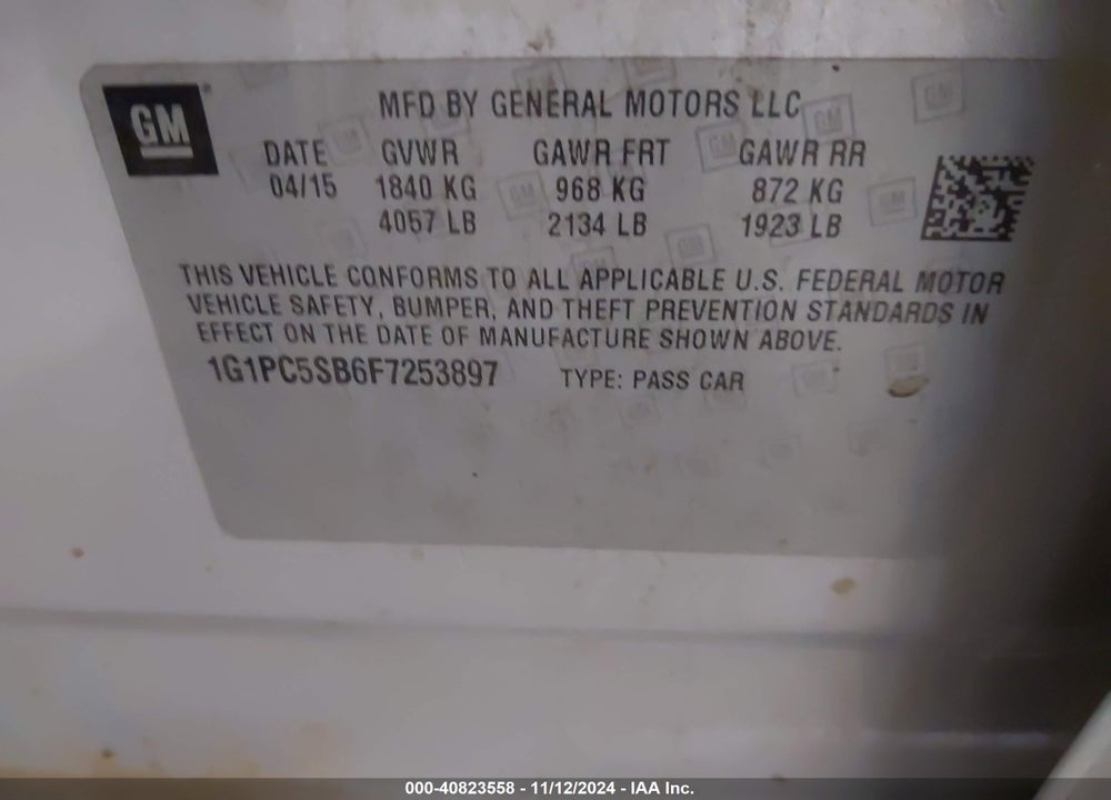 2015 CHEVROLET CRUZE 1LT AUTO VIN: 1G1PC5SB6F7253897