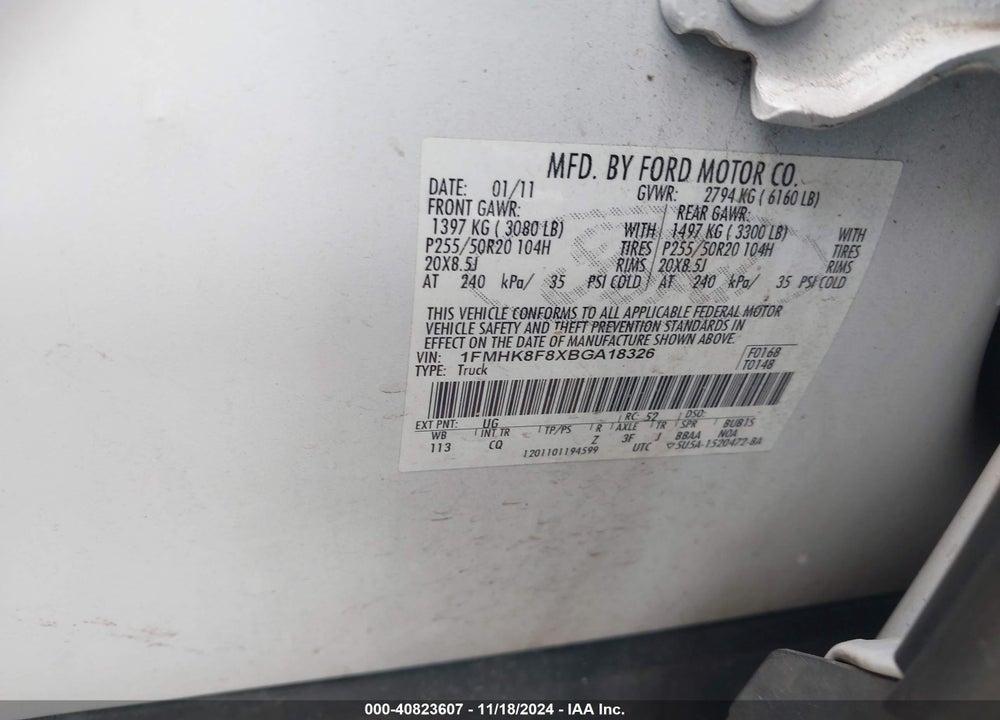 2011 FORD EXPLORER LIMITED VIN: 1FMHK8F8XBGA18326