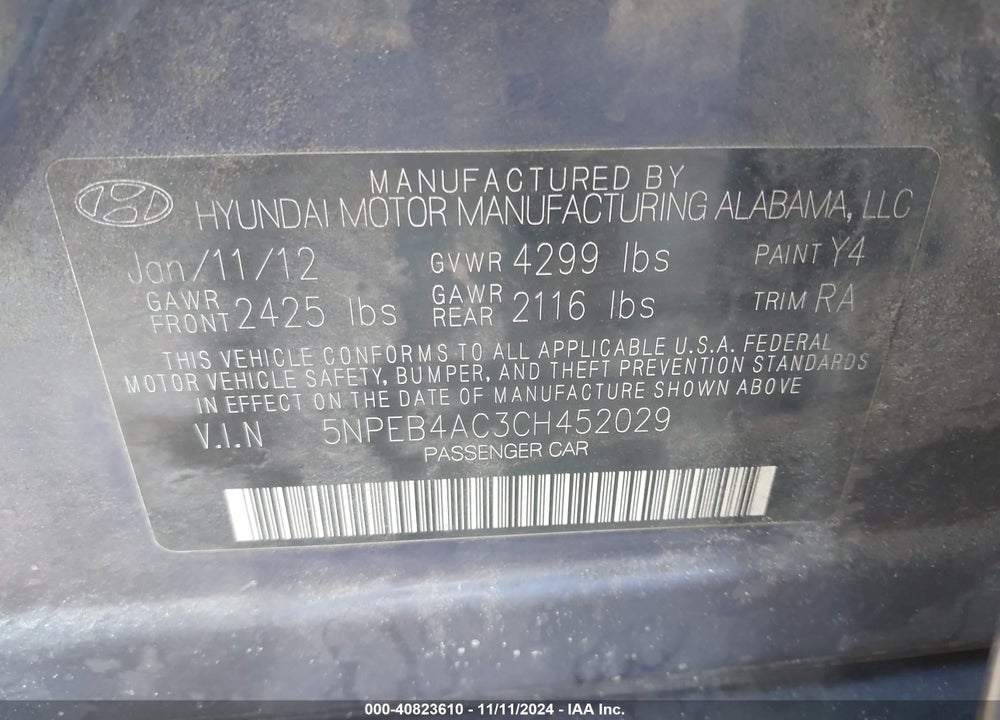 2012 HYUNDAI SONATA GLS VIN: 5NPEB4AC3CH452029
