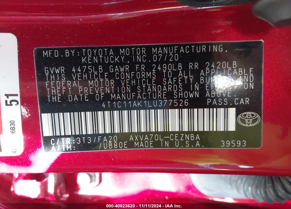 2020 TOYOTA CAMRY LE VIN: 4T1C11AK1LU377526