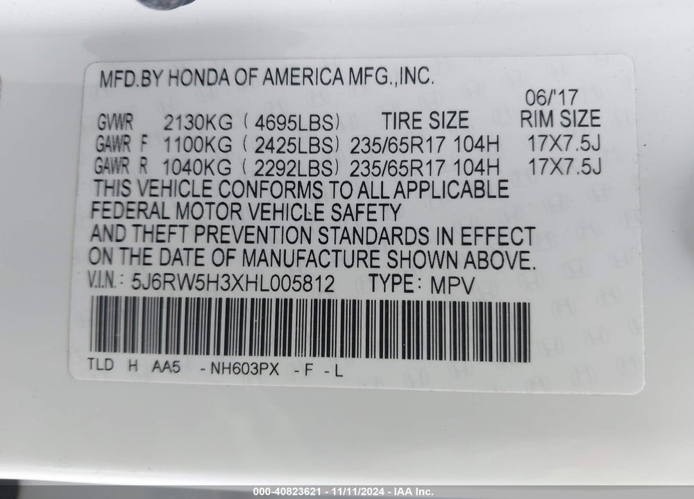 2017 HONDA CR-V LX VIN: 5J6RW5H3XHL005812