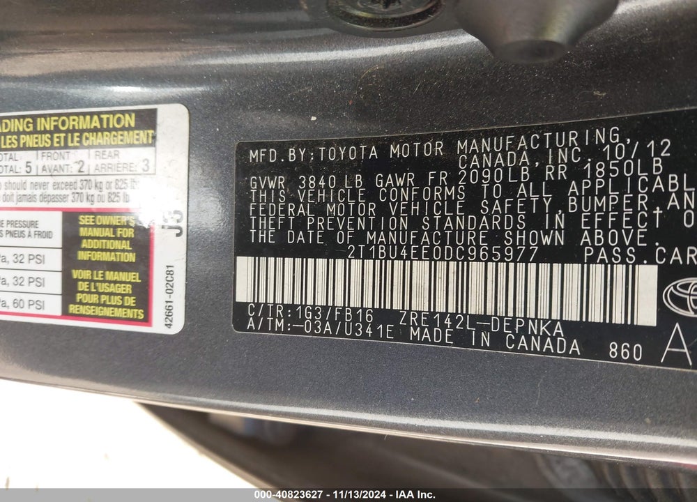2013 TOYOTA COROLLA LE VIN: 2T1BU4EE0DC965977