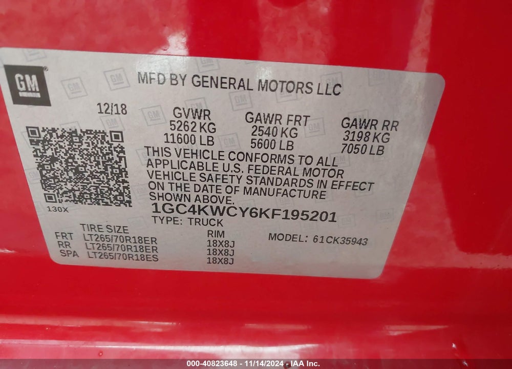 2019 CHEVROLET SILVERADO 3500HD LT VIN: 1GC4KWCY6KF195201