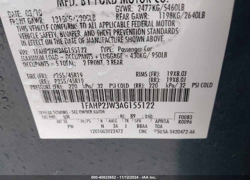 2010 FORD TAURUS LIMITED VIN: 1FAHP2JW3AG155122