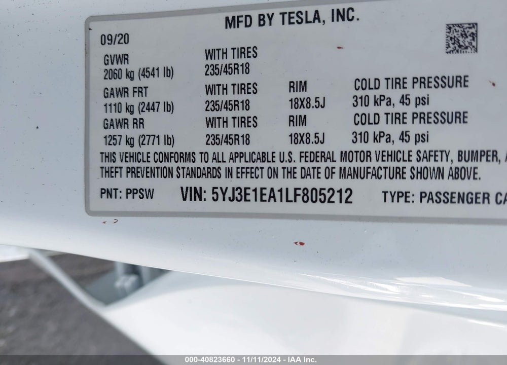 2020 TESLA MODEL 3 STANDARD RANGE PLUS REAR-WHEEL DRIVE/STANDARD RANGE REAR-WHEEL DRIVE VIN: 5YJ3E1EA1LF805212