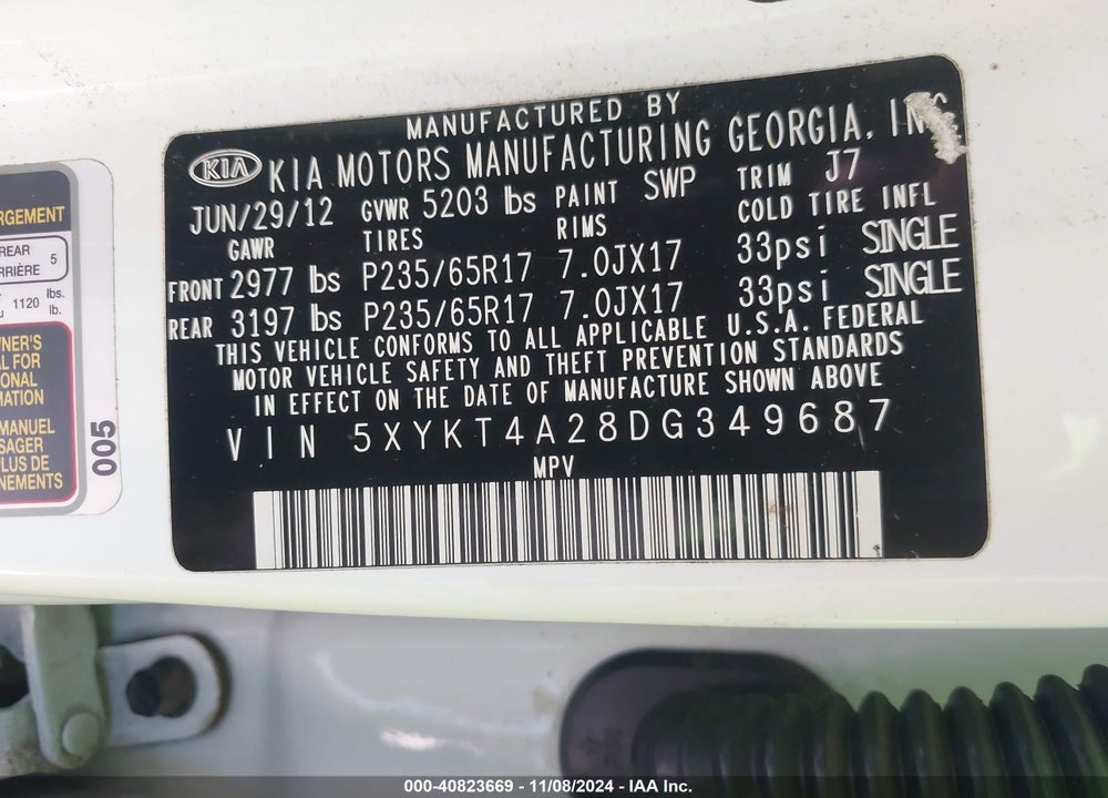 2013 KIA SORENTO LX V6 VIN: 5XYKT4A28DG349687