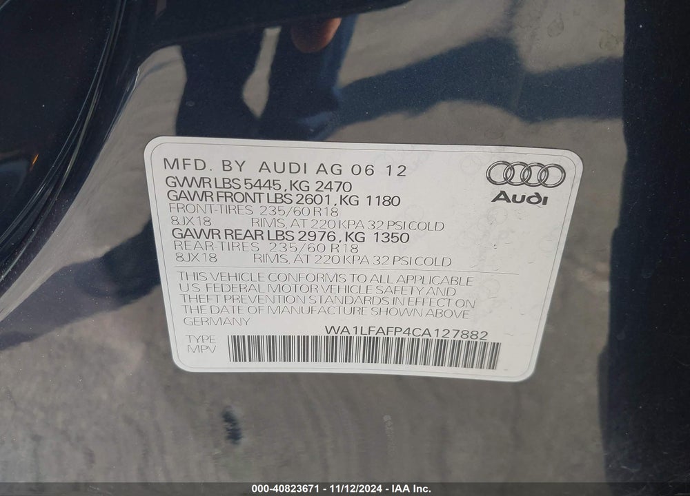 2012 AUDI Q5 2.0T PREMIUM VIN: WA1LFAFP4CA127882