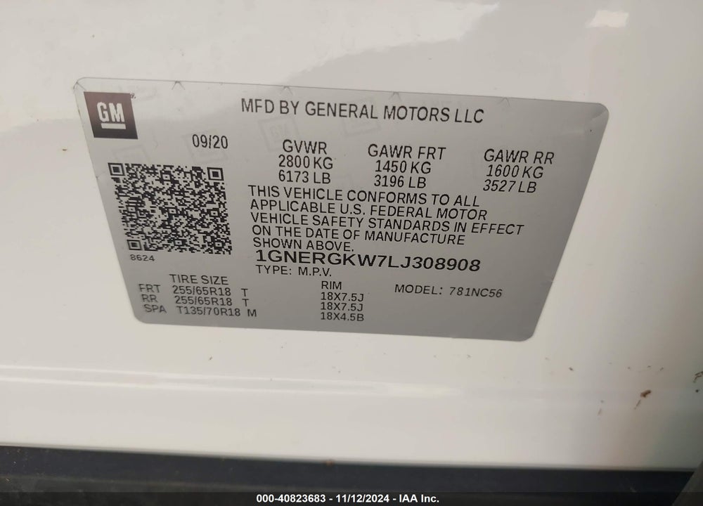 2020 CHEVROLET TRAVERSE FWD LT CLOTH VIN: 1GNERGKW7LJ308908