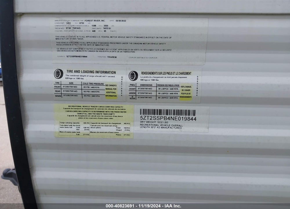 2022 SHASTA OTHER VIN: 5ZT2SSPB4NE019844