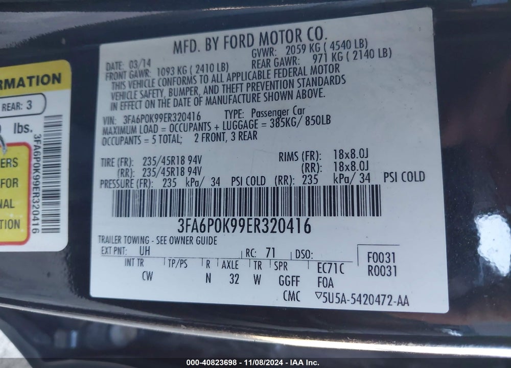 2014 FORD FUSION TITANIUM VIN: 3FA6P0K99ER320416
