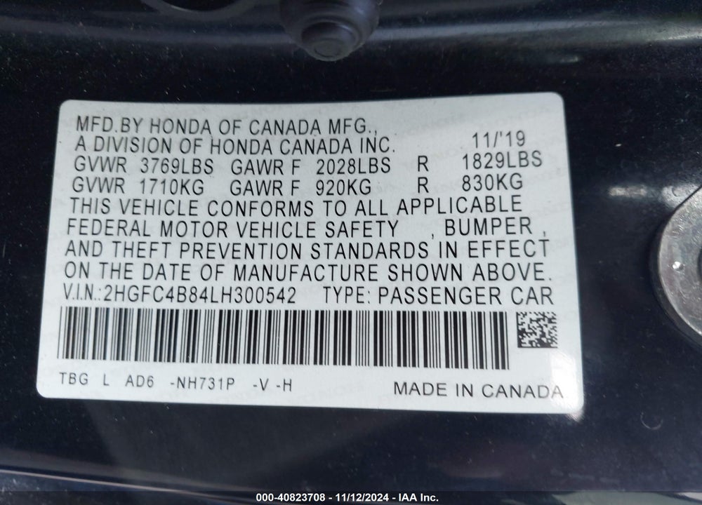 2020 HONDA CIVIC SPORT VIN: 2HGFC4B84LH300542