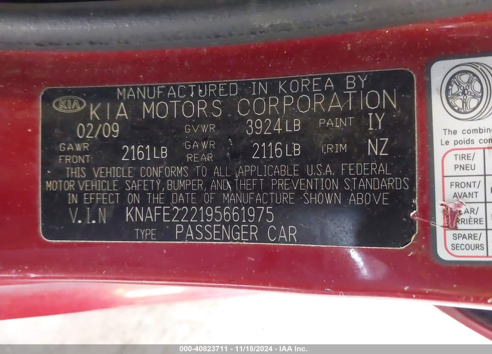 2009 KIA SPECTRA EX VIN: KNAFE222195661975