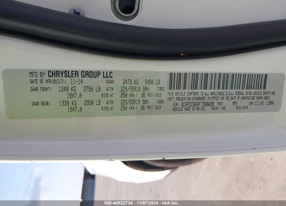 2015 DODGE JOURNEY SXT VIN: 3C4PDCBG0FT588699