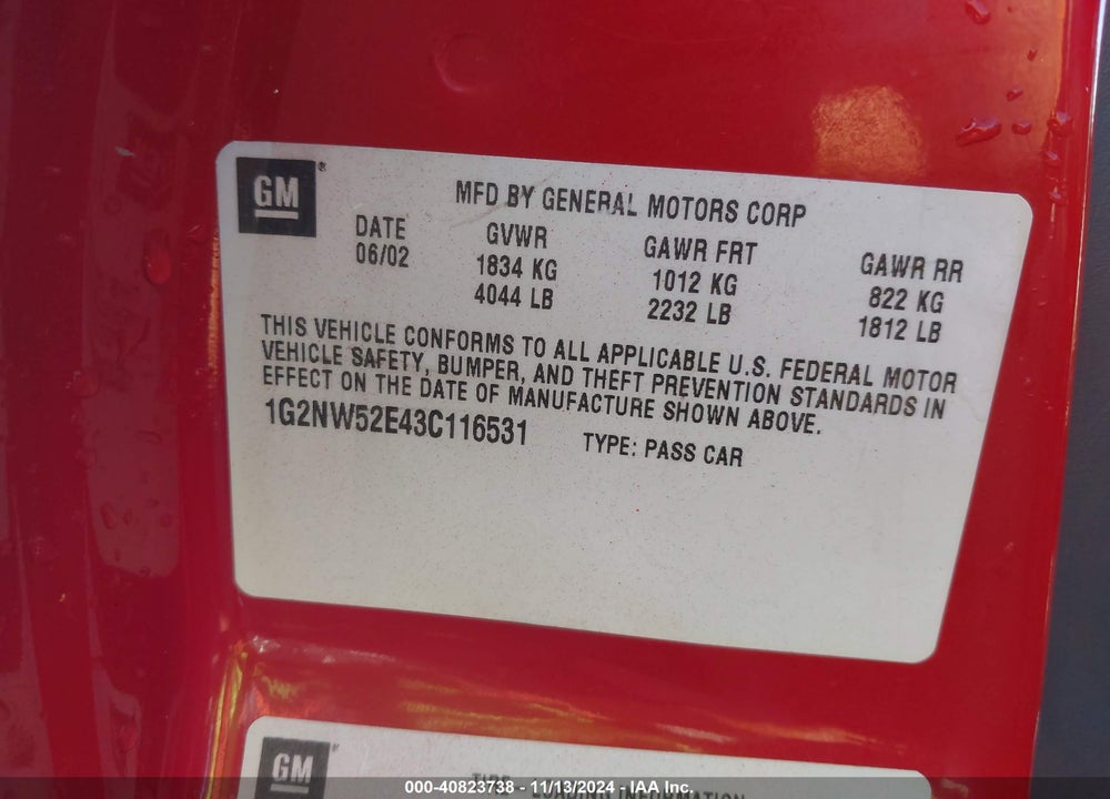 2003 PONTIAC GRAND AM GT VIN: 1G2NW52E43C116531