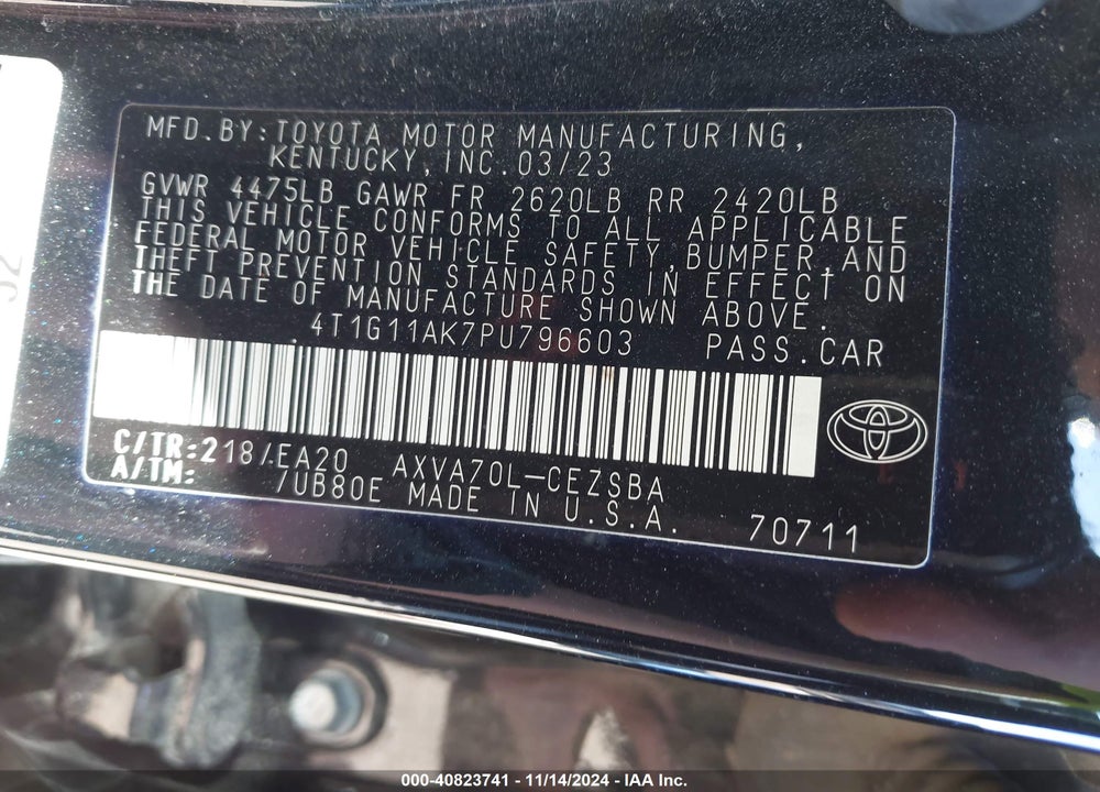 2023 TOYOTA CAMRY SE VIN: 4T1G11AK7PU796603