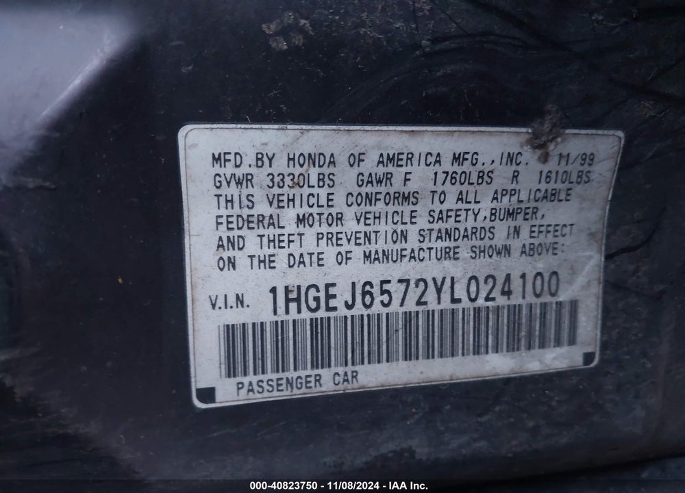 2000 HONDA CIVIC LX VIN: 1HGEJ6572YL024100