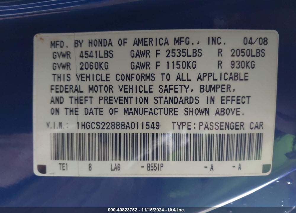 2008 HONDA ACCORD VIN: 1HGCS22888A011549