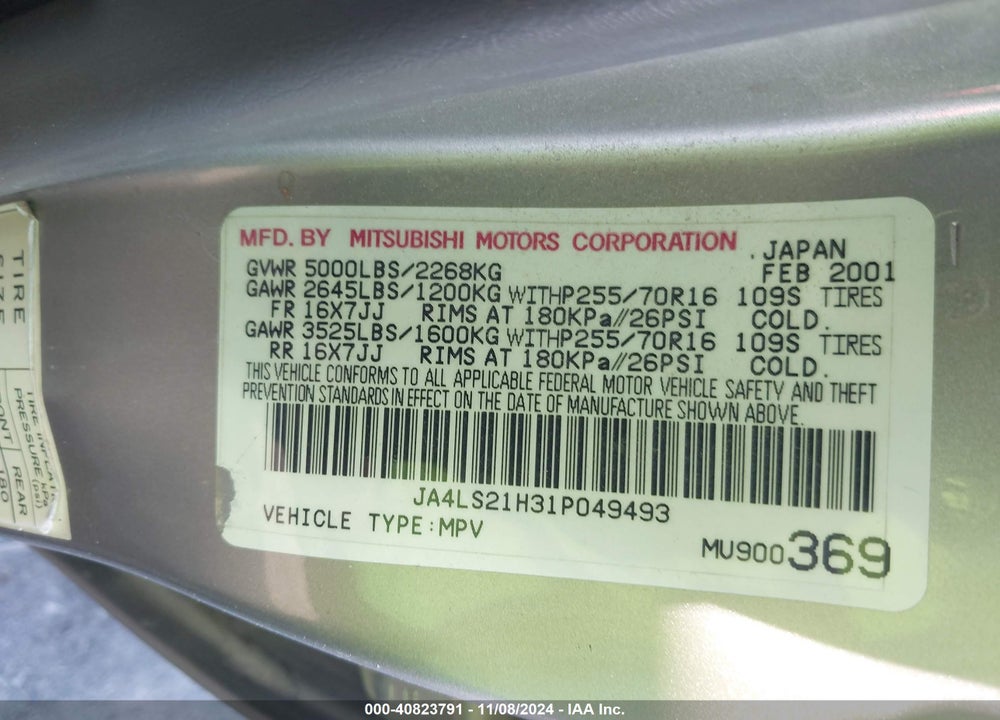 2001 MITSUBISHI MONTERO SPORT ES/SPORT LS VIN: JA4LS21H31P049493