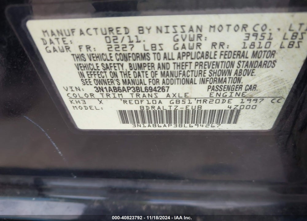 2011 NISSAN SENTRA 2.0SR VIN: 3N1AB6AP3BL694267