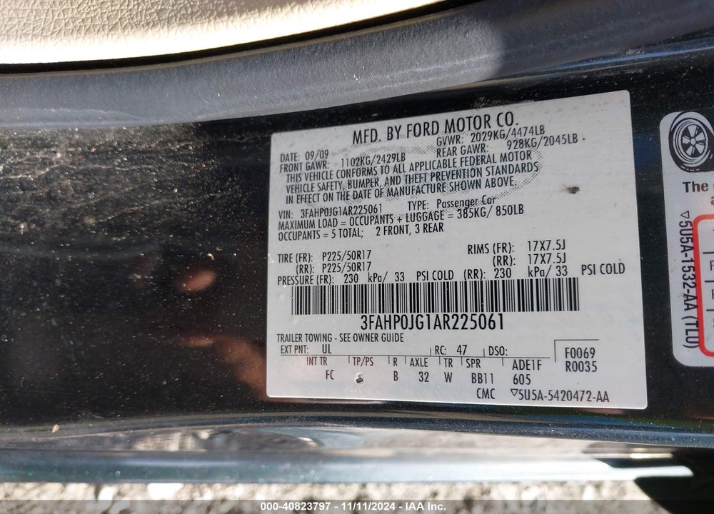 2010 FORD FUSION SEL VIN: 3FAHP0JG1AR225061