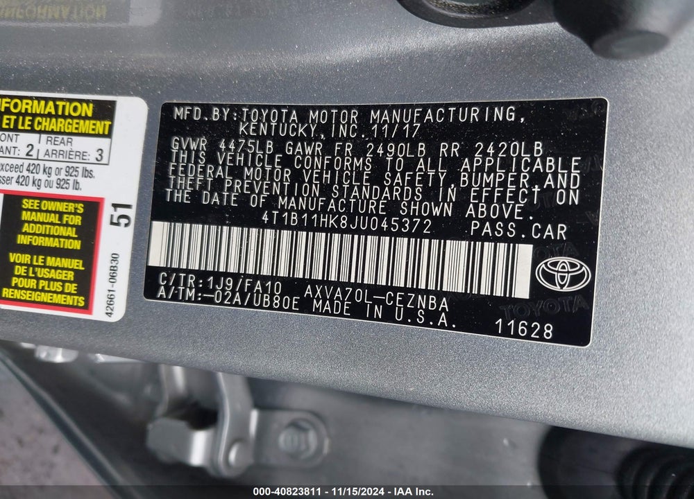 2018 TOYOTA CAMRY LE VIN: 4T1B11HK8JU045372