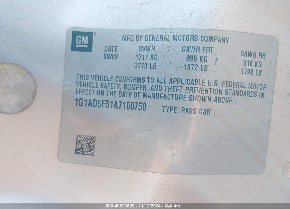 2010 CHEVROLET COBALT LT VIN: 1G1AD5F51A7100750