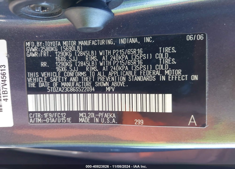 2006 TOYOTA SIENNA LE VIN: 5TDZA23C86S522094