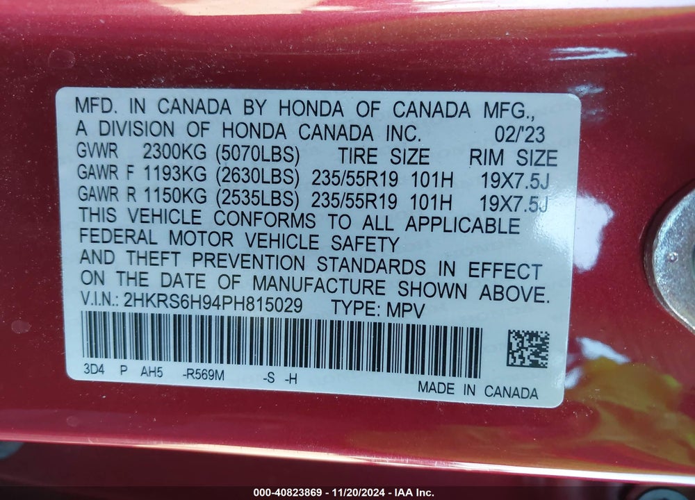 2023 HONDA CR-V HYBRID SPORT TOURING VIN: 2HKRS6H94PH815029