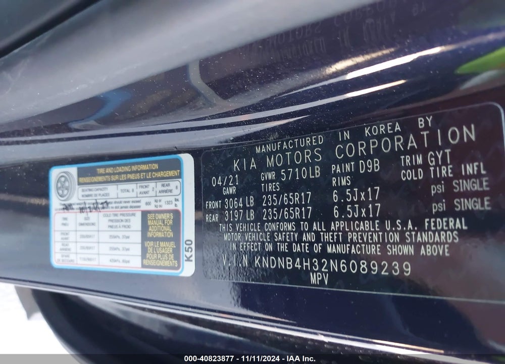 2022 KIA CARNIVAL MPV LX SEAT PACKAGE VIN: KNDNB4H32N6089239