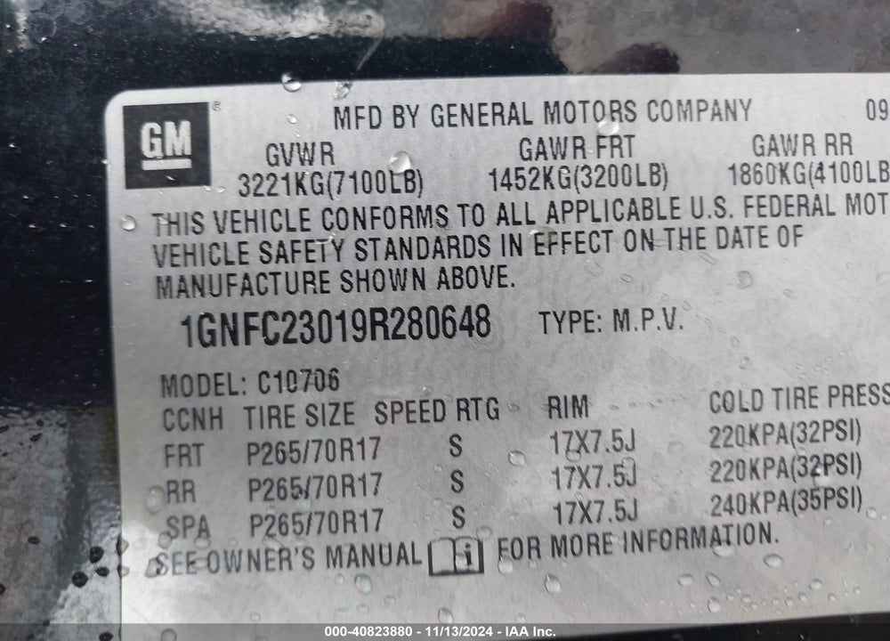 2009 CHEVROLET TAHOE LT2 VIN: 1GNFC23019R280648