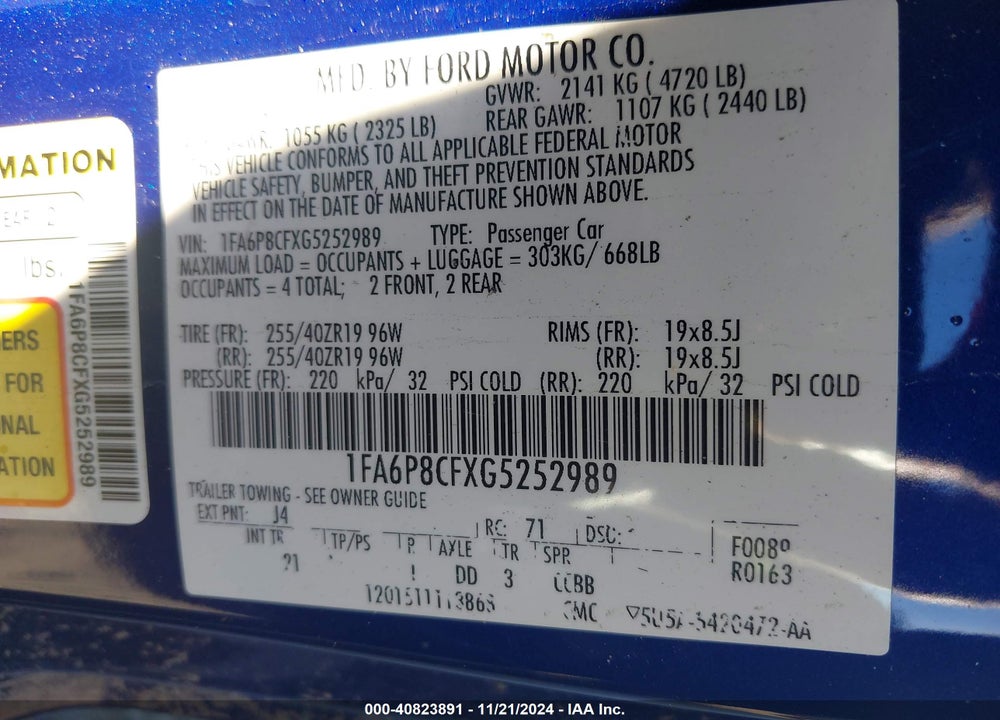 2016 FORD MUSTANG GT VIN: 1FA6P8CFXG5252989