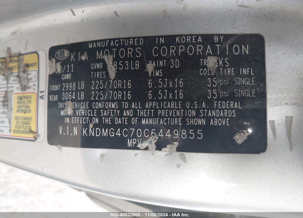 2012 KIA SEDONA LX VIN: KNDMG4C70C6449855
