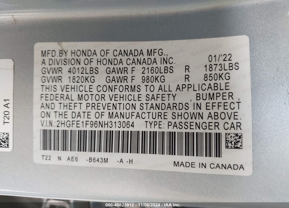 2022 HONDA CIVIC TOURING VIN: 2HGFE1F96NH313064