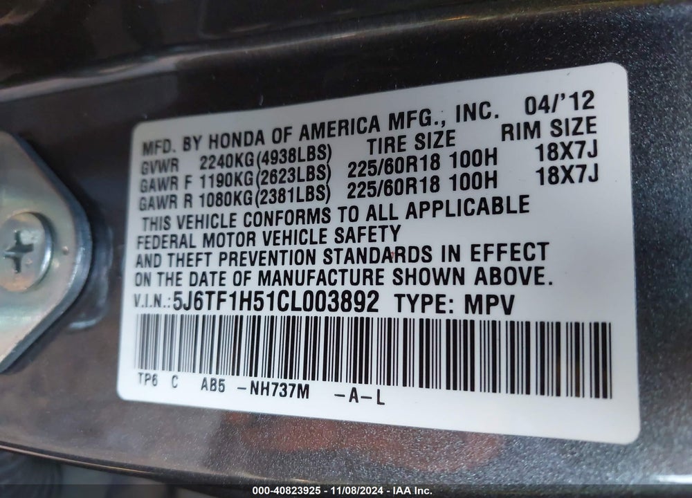 2012 HONDA CROSSTOUR EX-L VIN: 5J6TF1H51CL003892
