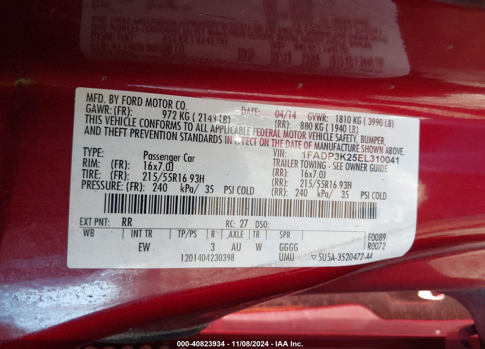 2014 FORD FOCUS SE VIN: 1FADP3K25EL310041