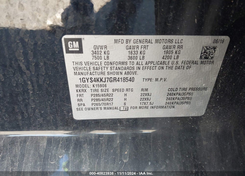 2016 CADILLAC ESCALADE VIN: 1GYS4KKJ7GR418540