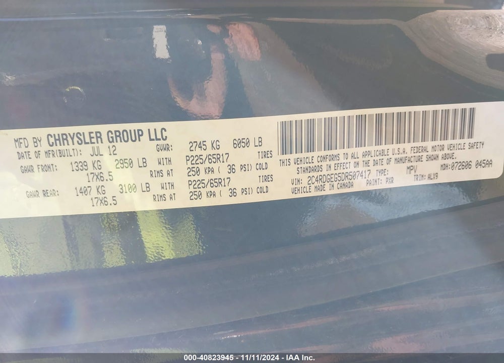 2013 DODGE GRAND CARAVAN R/T VIN: 2C4RDGEG5DR507417