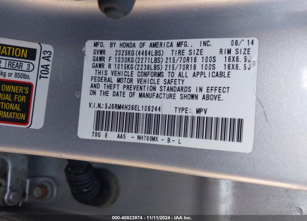2014 HONDA CR-V LX VIN: 5J6RM4H36EL106244