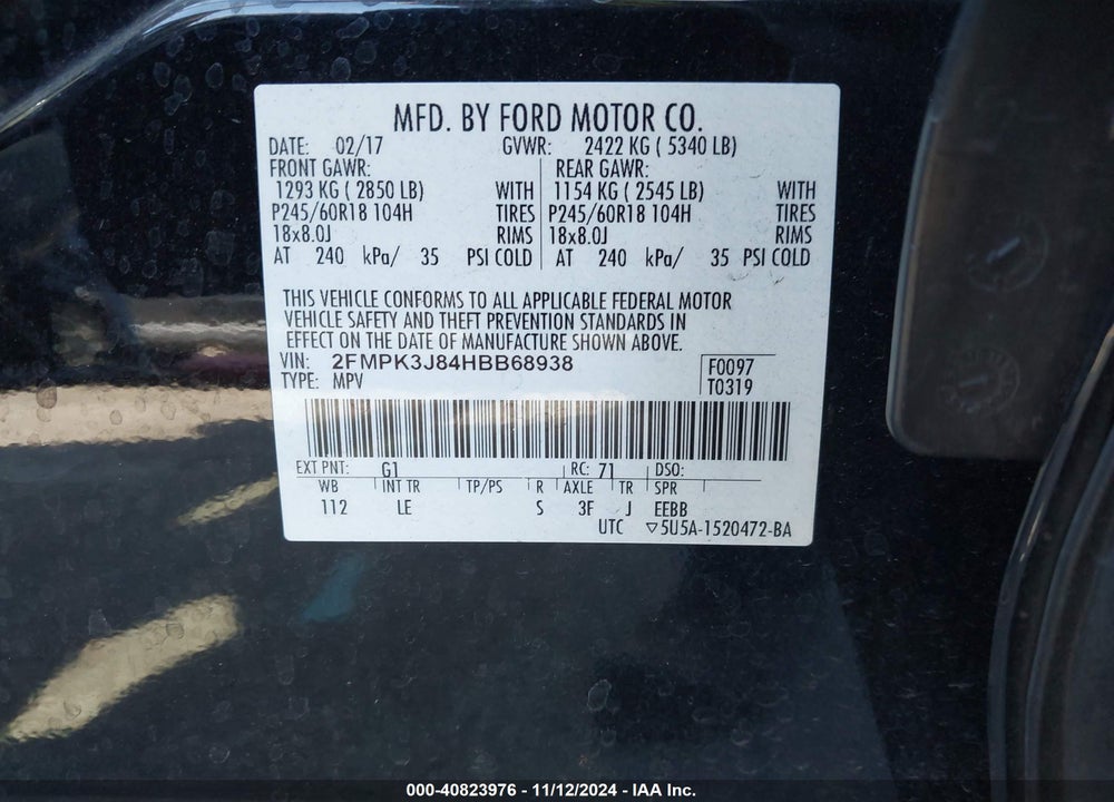 2017 FORD EDGE SEL VIN: 2FMPK3J84HBB68938