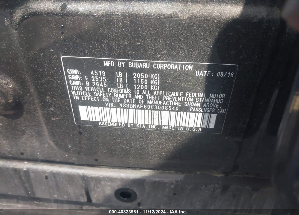 2019 SUBARU LEGACY 2.5I PREMIUM VIN: 4S3BNAF69K3006540