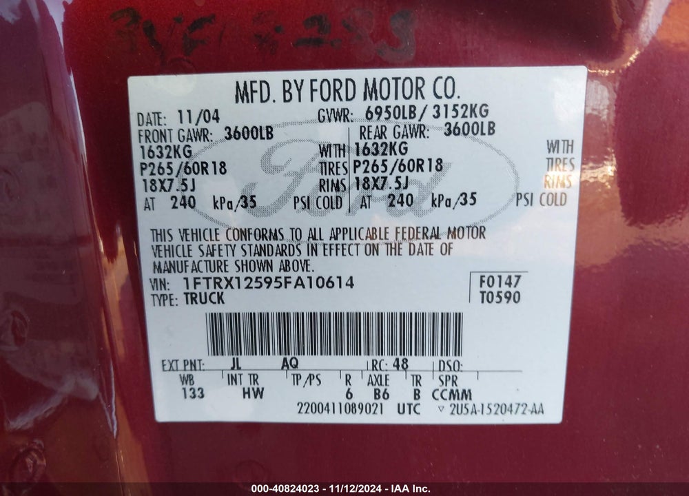 2005 FORD F-150 LARIAT/XL/XLT VIN: 1FTRX12595FA10614