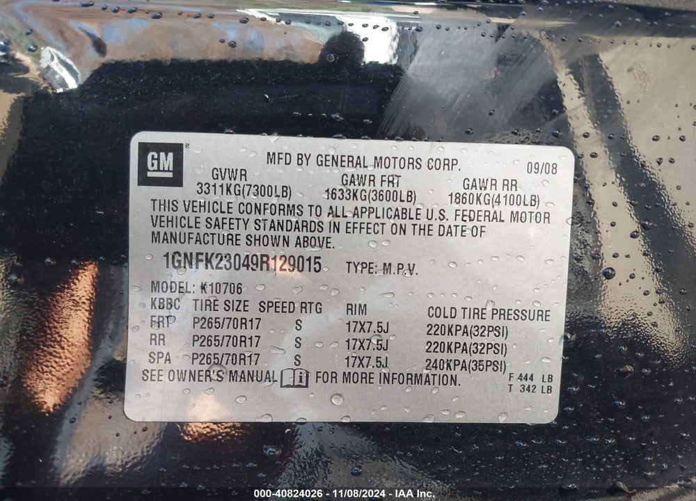 2009 CHEVROLET TAHOE LT1 VIN: 1GNFK23049R129015