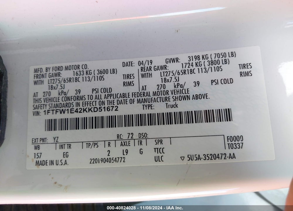 2019 FORD F-150 VIN: 1FTFW1E42KKD51672