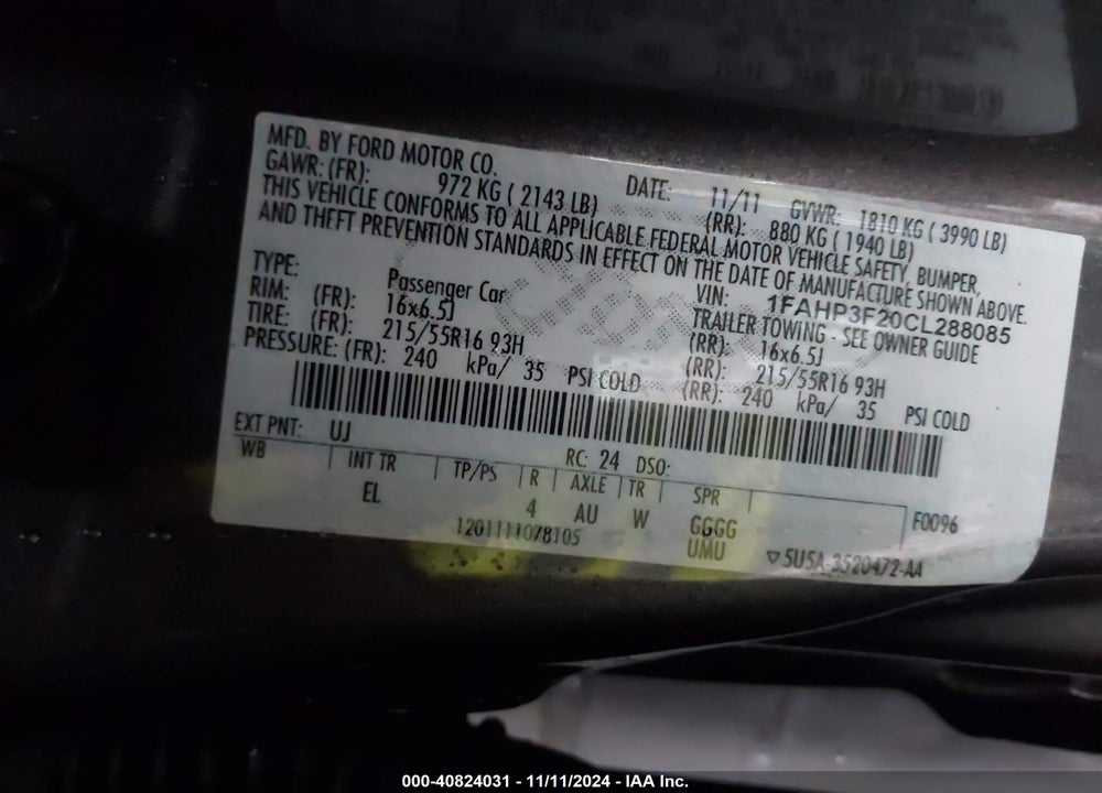 2012 FORD FOCUS SE VIN: 1FAHP3F20CL288085